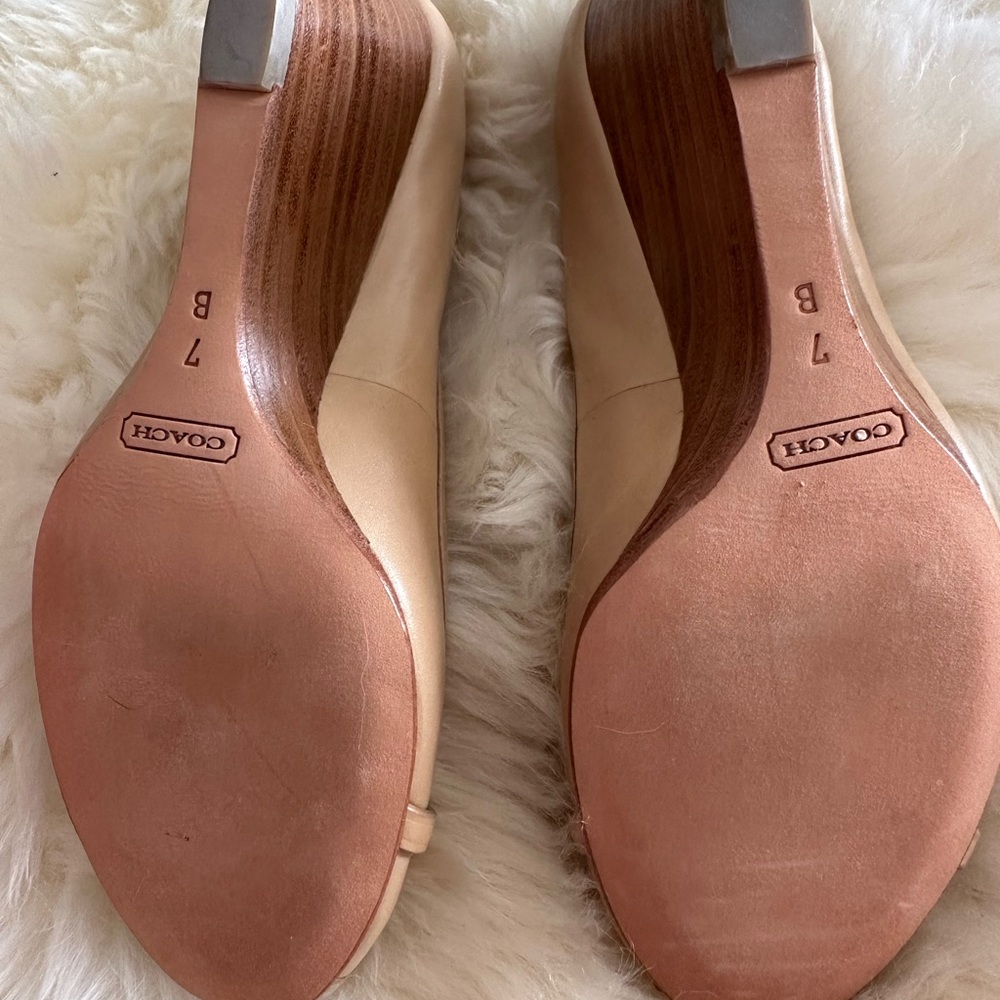Coach Tan Peep-Toe Heels with Gold Accents - Picture 2 of 3